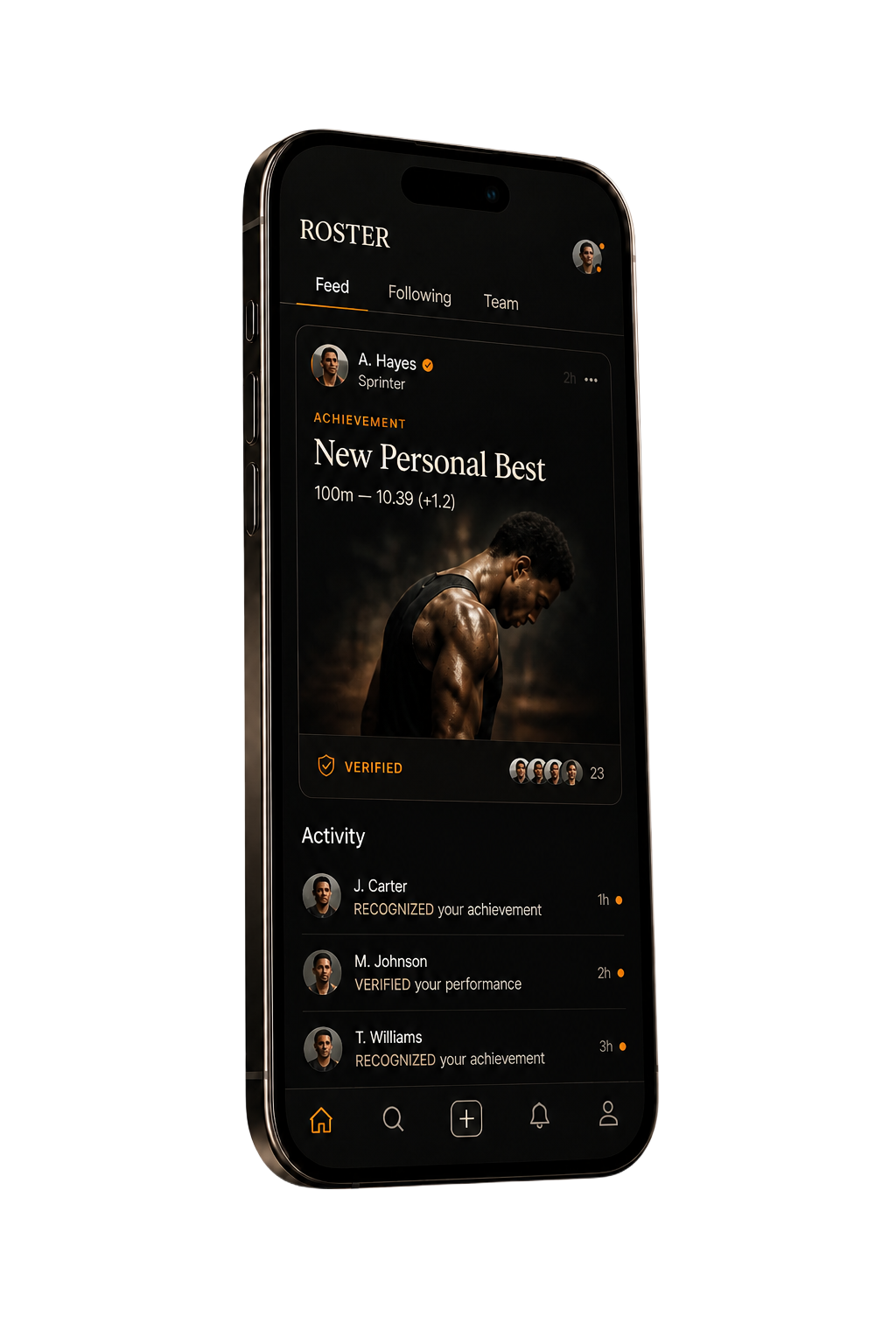 Roster athlete social feed shown on a dark phone mockup.